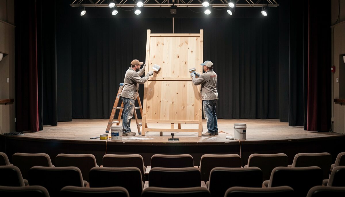 A weekend set call: two volunteers paint a fresh flat under the work lights while the house sits empty.