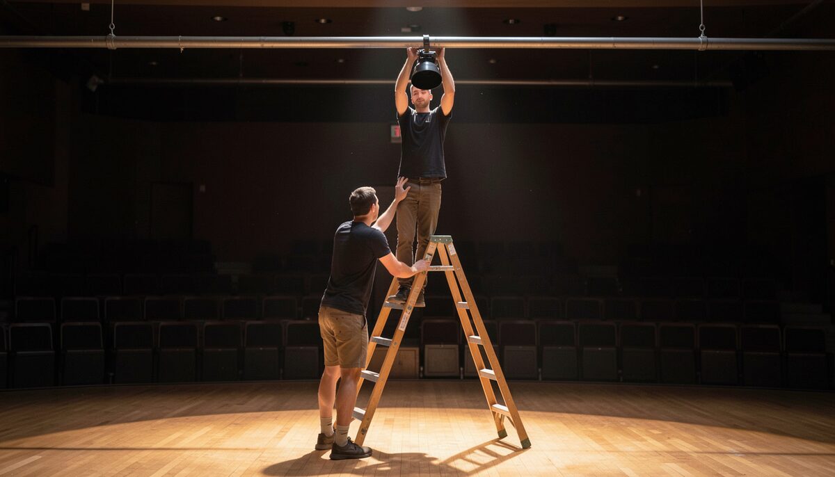 A volunteer on a wooden stepladder focusing a stage light on an overhead pipe while a second crew member steadies the ladder from the floor.