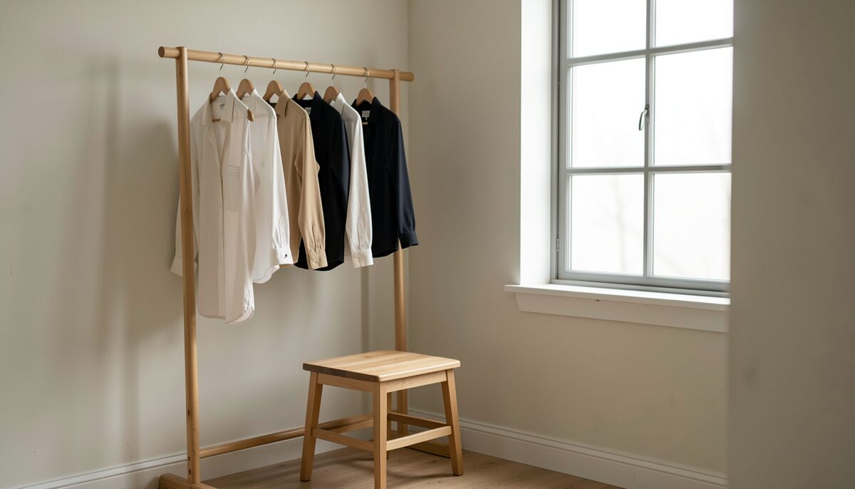 A dressing room corner: a wooden rail of hanging garments and a plain wooden stool, daylight from a tall window. No paper, no poster, no sign, no screen, no label and no printed surface in the frame; no lettering, no words and no numbers anywhere.