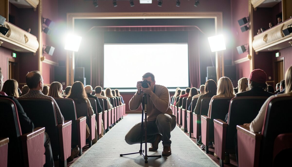 A photographer crouched in the aisle of a theatre with a camera on a monopod, stage light flaring behind the set.