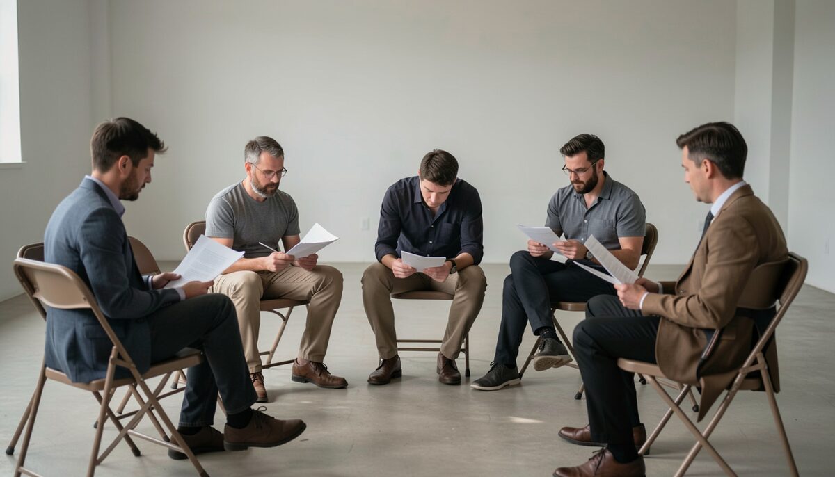 Five readers in folding chairs, scripts open, working through a scene before a season is confirmed.