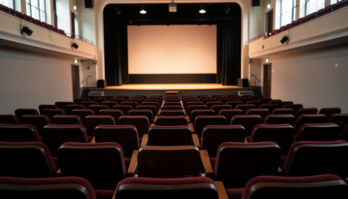 A small theatre auditorium seen from the back row, rows of empty seats and a lit stage in the distance. No paper, no poster, no sign, no screen, no label and no printed surface in the frame; no lettering, no words and no numbers anywhere.