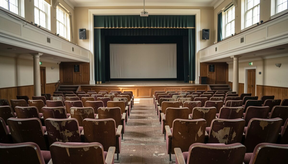 An old auditorium seen from the back rows, worn seats in rows, a bare stage lit faintly, afternoon light from high windows.