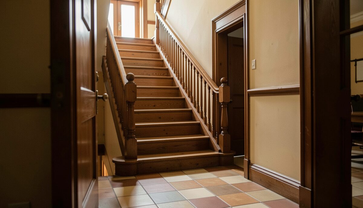 A theatre foyer: a wooden staircase with a banister and a tiled floor, warm light falling through a doorway. No paper, no poster, no sign, no screen, no label and no printed surface in the frame; no lettering, no words and no numbers anywhere.