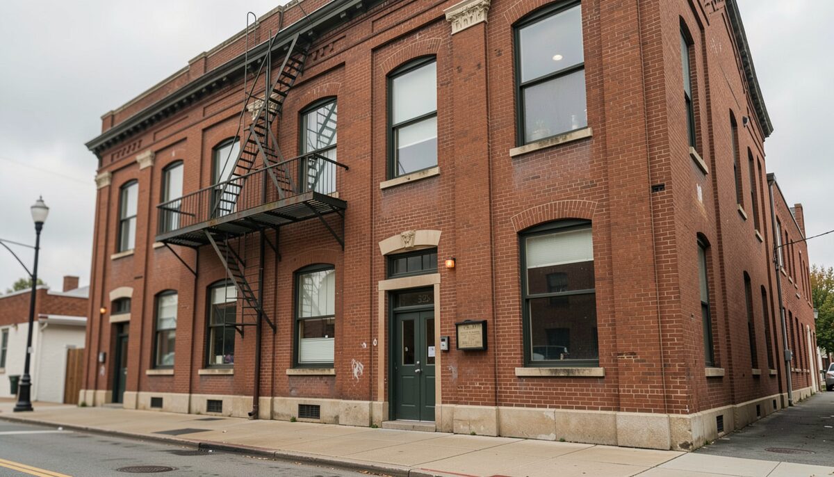 The brick facade of an old theatre building seen from the pavement, tall windows and a fire escape, overcast daylight, no sign on the building. No paper, no poster, no sign, no screen, no label and no printed surface in the frame; no lettering, no words and no numbers anywhere.