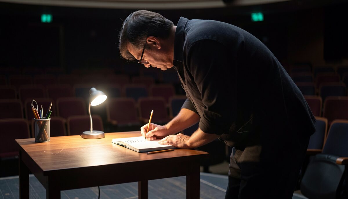 A stage manager's table in a darkened auditorium with a notebook, pencil and small lamp, a figure bent over it.