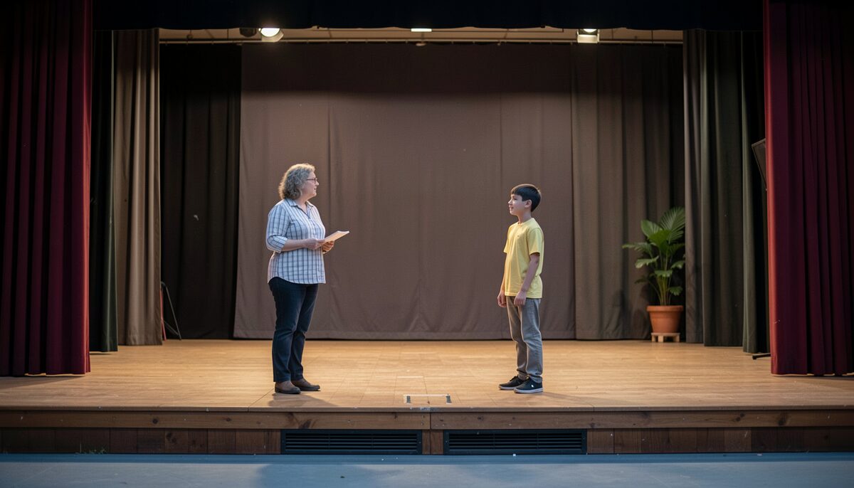 A school stage at dusk with a simple set, a teacher and two students on the apron talking through a scene.