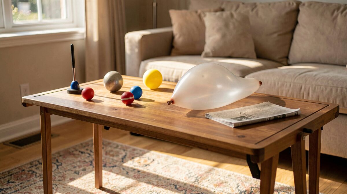 A sunlit living room corner where a performer's trick table is set with juggling props, a deflated long balloon and a folded newspaper, photographed in warm afternoon light with a shallow depth of field.