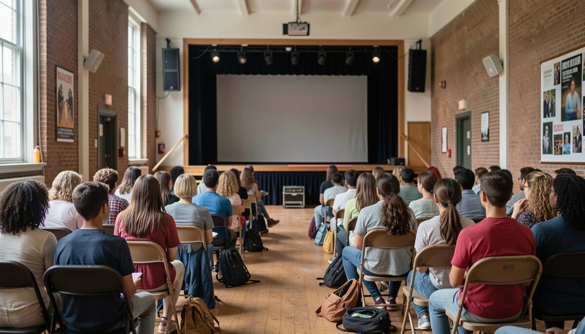 Students fill a brick-walled hall before the house lights go down and a show written for them begins.