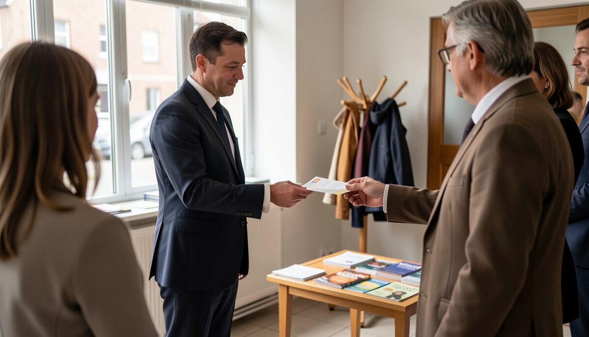An usher handing a folded programme to a visitor in a lobby, coat rack and ticket table nearby, no visible lettering.