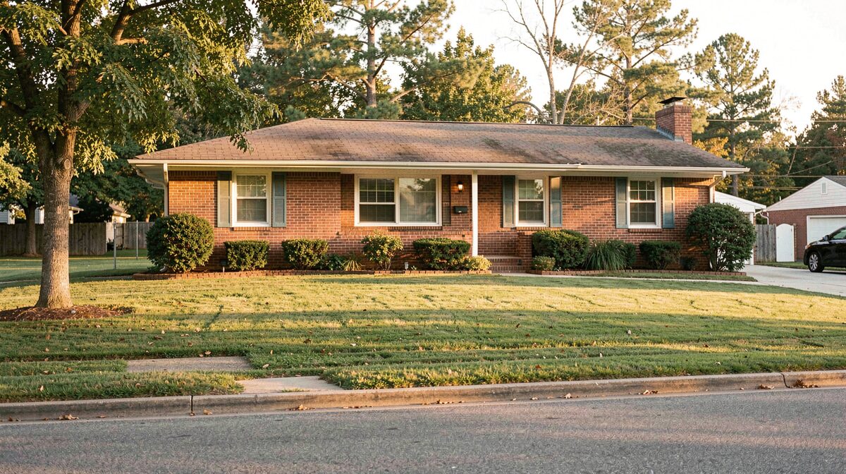 A brick 1970s ranch house with a shaded front lawn in a quiet Alpharetta suburb, late afternoon golden light, wide shot from the street